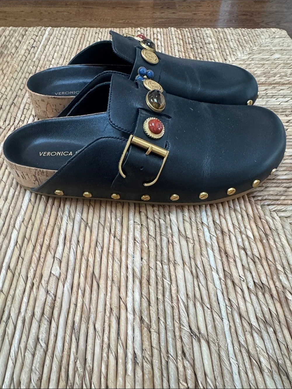 Veronica Beard Fern Black Leather Studded Mule Clogs Embellished Charms 8